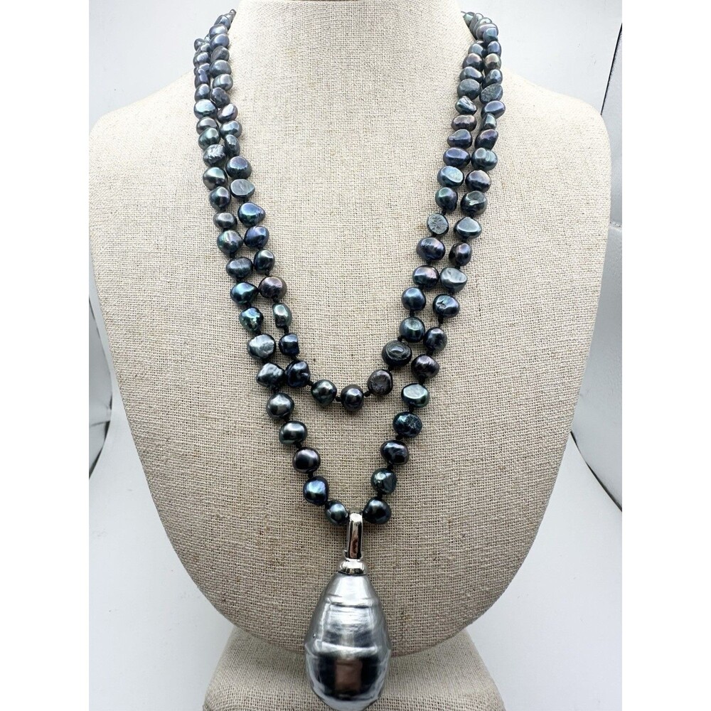 Cultured Freshwater Pearl Hand Knotted With Huge Faux Pearl Pendant 42”
